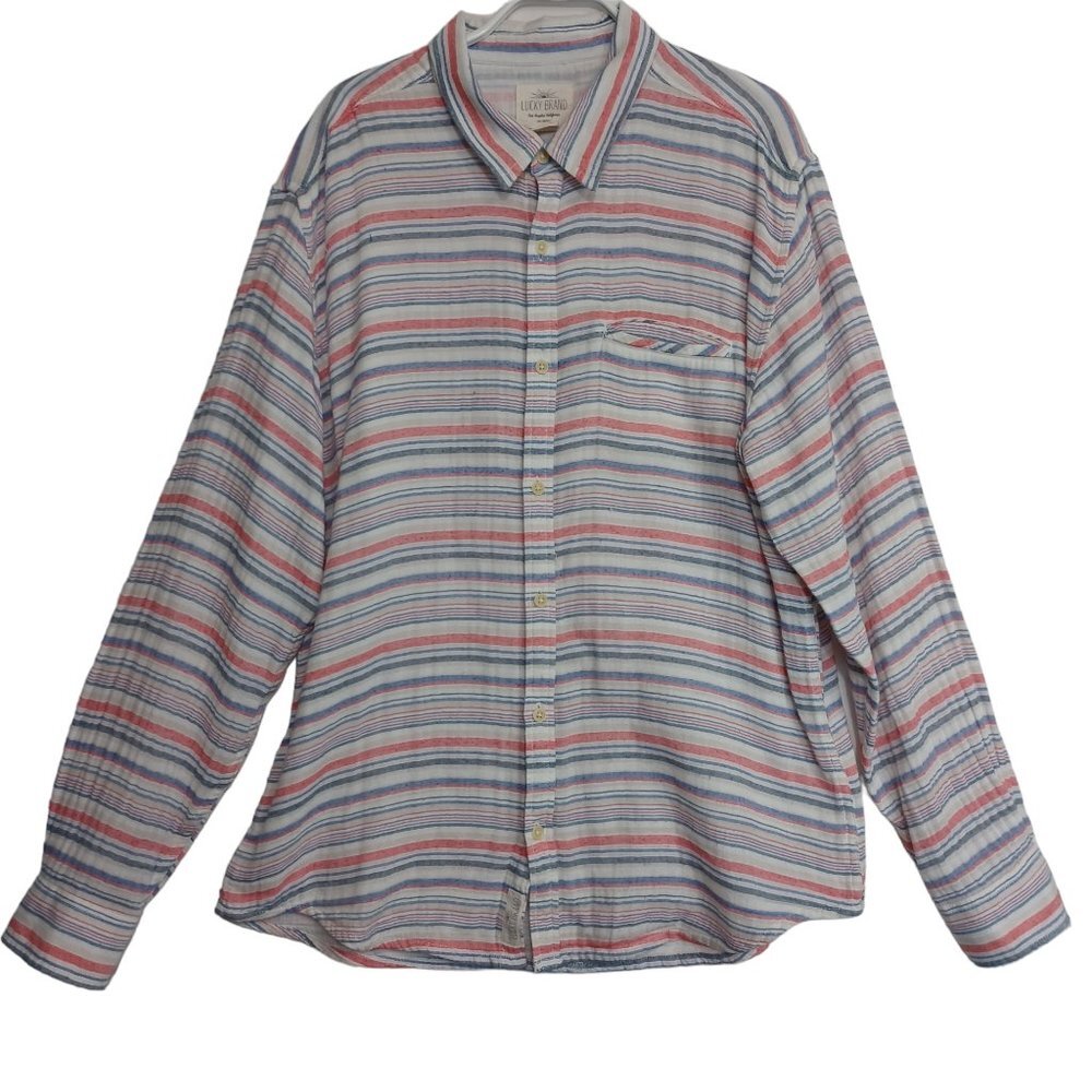 Lucky Brand Mens Large‎ Red Blue White Striped Long Sleeve Button Down Shirt